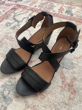 Clarks Black Leather Strappy Wedge Sandals